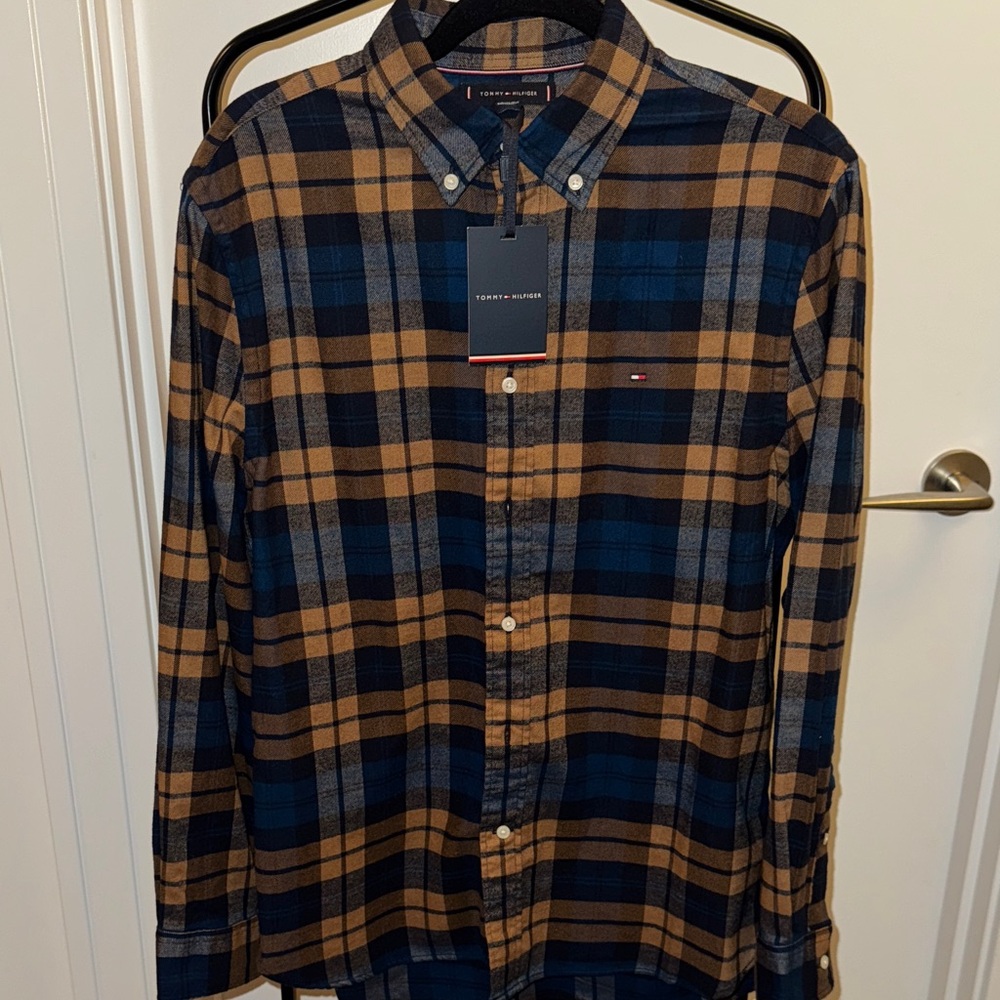 Tommy Hilfiger Men's Blue and Brown Plaid Shirt